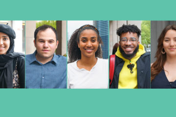 woman wearing headscarf, head shot of white man in blue shirt, African American Woman in white shirt, African American Man in yellow shirt, white woman in navy blue shirt