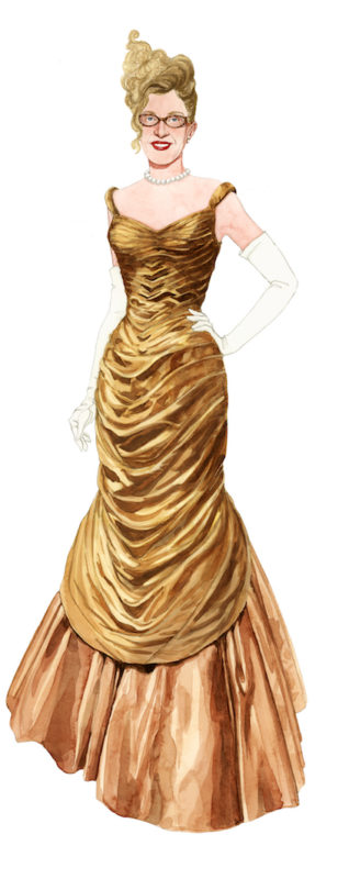 Paper doll of Valerie Steele in a Charles James dress