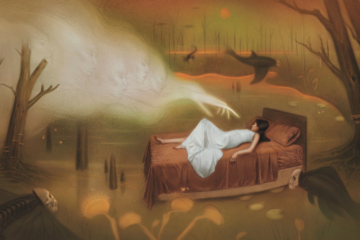 Illustration of girl in bed in a forest