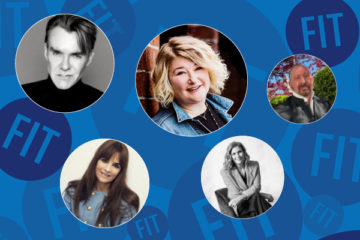 Ken Downing, Stacy Flynn, Ralph Rucci, Laure Heriard Dubreuil, Karin Tracy in circles on a background of FIT logos
