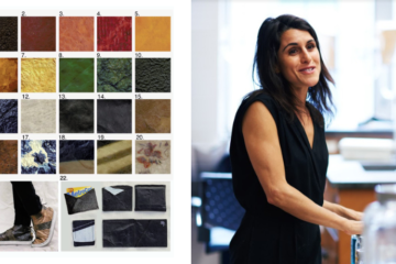Theanne Schiros and an illustration from Environmental Science Advances shows bio-leather dyed with various natural substances and two applications of the material.