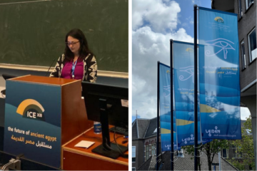 Jennifer Babcock behind a podium; banner flags outside a conference