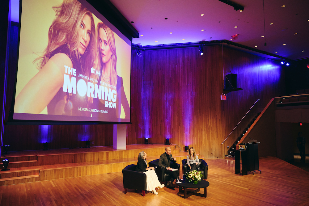 Sophie de Rakoff, Hal Rubinstein and Kristin Hahn sitting in chairs on stage in Katie Murphy Ampitheatre at FIT