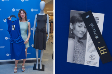 Mariah Does Hooke standing next to a mannequin in front of an FIT step and repeat in a Macy's store, holding a Macy's-fabricated version of her winning dress design; the hangtags for the Macy's capsule collection with one tag that reads 'FIT x Macy's' and another that features a picture of Does Hooke and her bio
