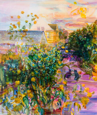 Oil painting of a house surrounded by flowers
