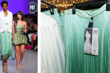 Irene Alexander Cubides on the FIT runway with a model; Cubides's designed clothes on a rack at Macy's