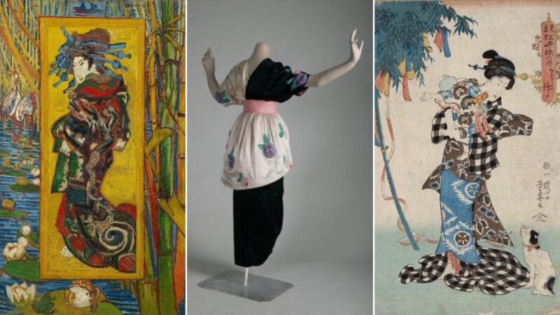 This triptych includes, at left, a reproduction of Vincent Van Gogh's painting "Courtesane," which features a Japanese woman wearing a bright multicolor kimono, centered in a mustard yellow rectangle, which is framed by renderings of bamboo, waterlilies, and egrets. The center image of the triptych is a photo of a 1913 kimono-inspired satin, silk, and chiffon evening dress that is black, white, and pink, and is embellished with glass beading. The image at right is a reproduction of the 1843 painting"Tanabata No Take" by Yoshitama Utagawa. It shows a woman in classic geisha dress: black hair in an updo and she wears and flowing patterned kimono.