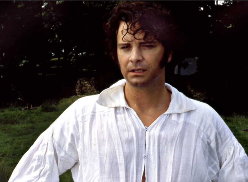 Actor Colin Firth as Mr. Darcy, wears a wet white linen shirt.